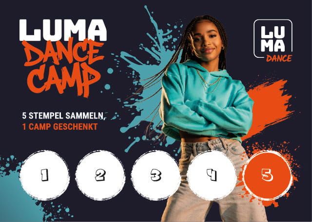 LUMA Dance Camp Stempelkarte mit fünf Feldern: 5 Stempel sammeln, 1 Camp geschenkt